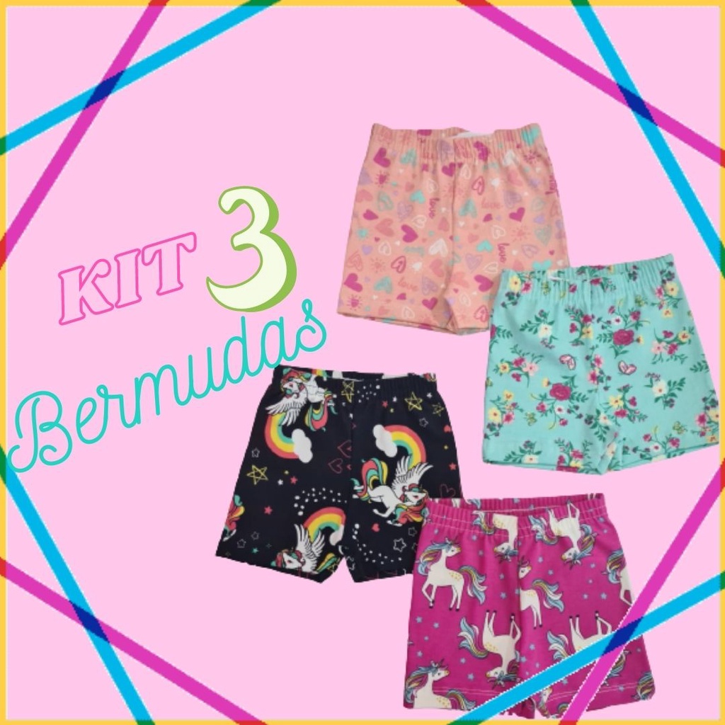 Kit 3  Bermuda Infantil Feminina, Ciclista em Cotton Sortidas - Tam 1 ao 8 anos.