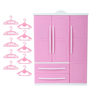 1 Conjunto Lindo Armário De Plástico Roupeiro Com Espelho + 10 Cabides Rosa Acessórios Para Barbie Doll Quarto Set Bebê Menina DIY Brinquedos