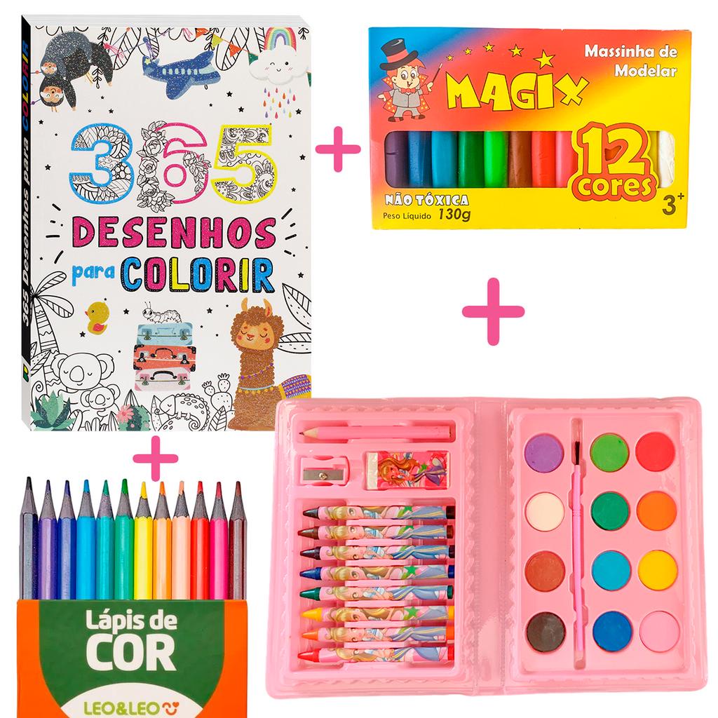 Kit Colorir Infantil Livro 365 Desenhos Estojo Lápis Massinha Feminino