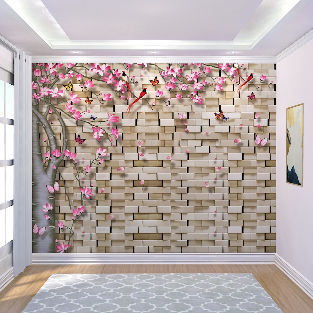 Papel de Parede Design Floral Árvore 3D e Tijolinho Decoração de Quarto e Sala Sob Medidas