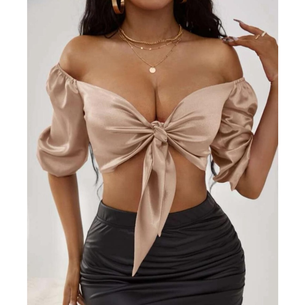 Top Cropped Cetim Blusa Feminina Bufante Amarrar