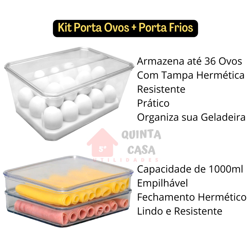 Kit Porta Ovos Geladeira e Porta Frios Empilhável Fechamento Hermético