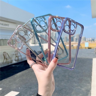【 Diamond + Plating Edge 】 Transparent Capa Macia À Prova De Choque Para iPhone Com Proteção De Lente 15 14 13 12 11 Pro Max XS XR 7 8 Plus 15 De Telefone Transparente