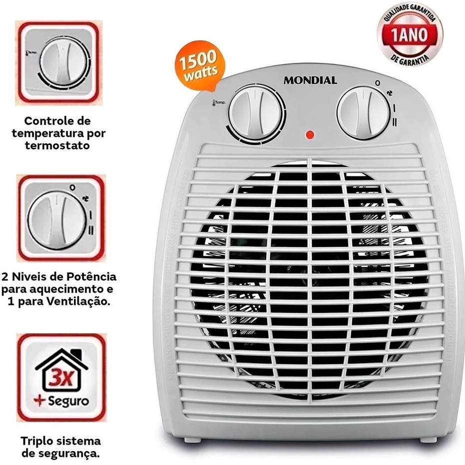 Aquecedor de Ambiente Elétrico Mondial 110/220V - 1500W com Triplo Sistema de Segurança Original - Promoção