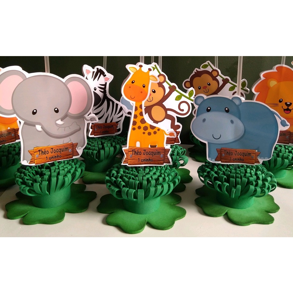 05 Centros de Mesas Safari Baby - Base em MDF, Aplique em Papel Fotográfico 230g Brilho com Suporte para Balão