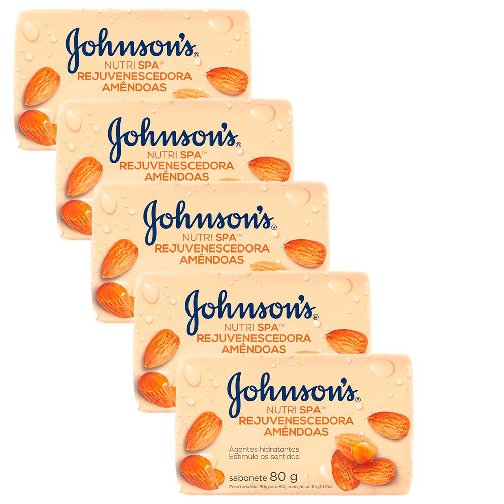 Kit com 5 Sabonete Barra Johnson's Rejuvenescedora Amêndoas 80g