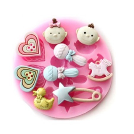 Molde De Silicone Chá de Bebê Pasta Americana Confeitaria Biscuit Artesanato Forma Diversos coração, chocalhos, patinho, alfinetes, cavalinho de balanço e carinha de bebê boy girl, botões corações