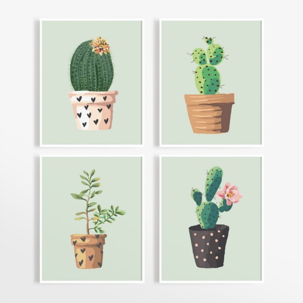 Kit Placas Quadrinho Decorativo 4 peças 20X30 MDF Cactos Verede Colorido Plantas Vaso Jardim Casa