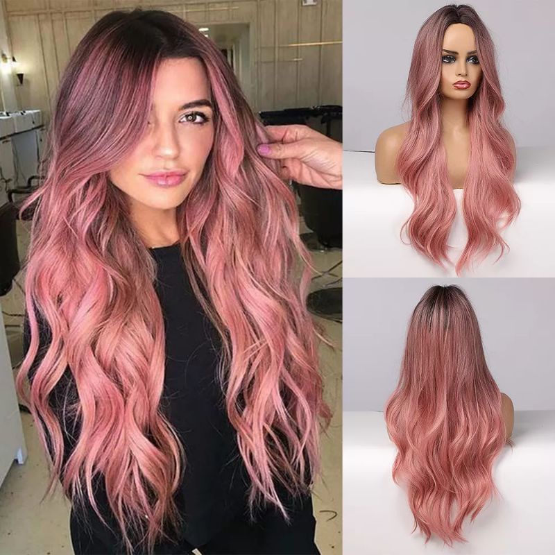 Peruca Rosa Liso Ondulado Sem Franja, 65cm. Fibra Realista. | Shopee Brasil