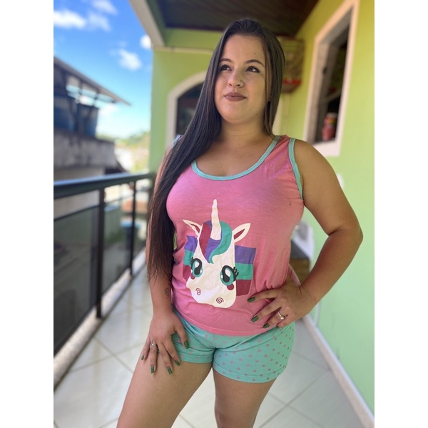 Baby Dool Pijama Short Shortinho Unicórnio Verão Regata Feminino Adulto de Malha Algodão Temático Disney Confortável Lingerie Preço de Atacado