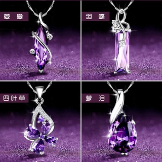 Colar de Prata s925 Sterling Prata Ametista Diamante Versão coreana Pingente de Corrente de Clavícula Curta Senhoras