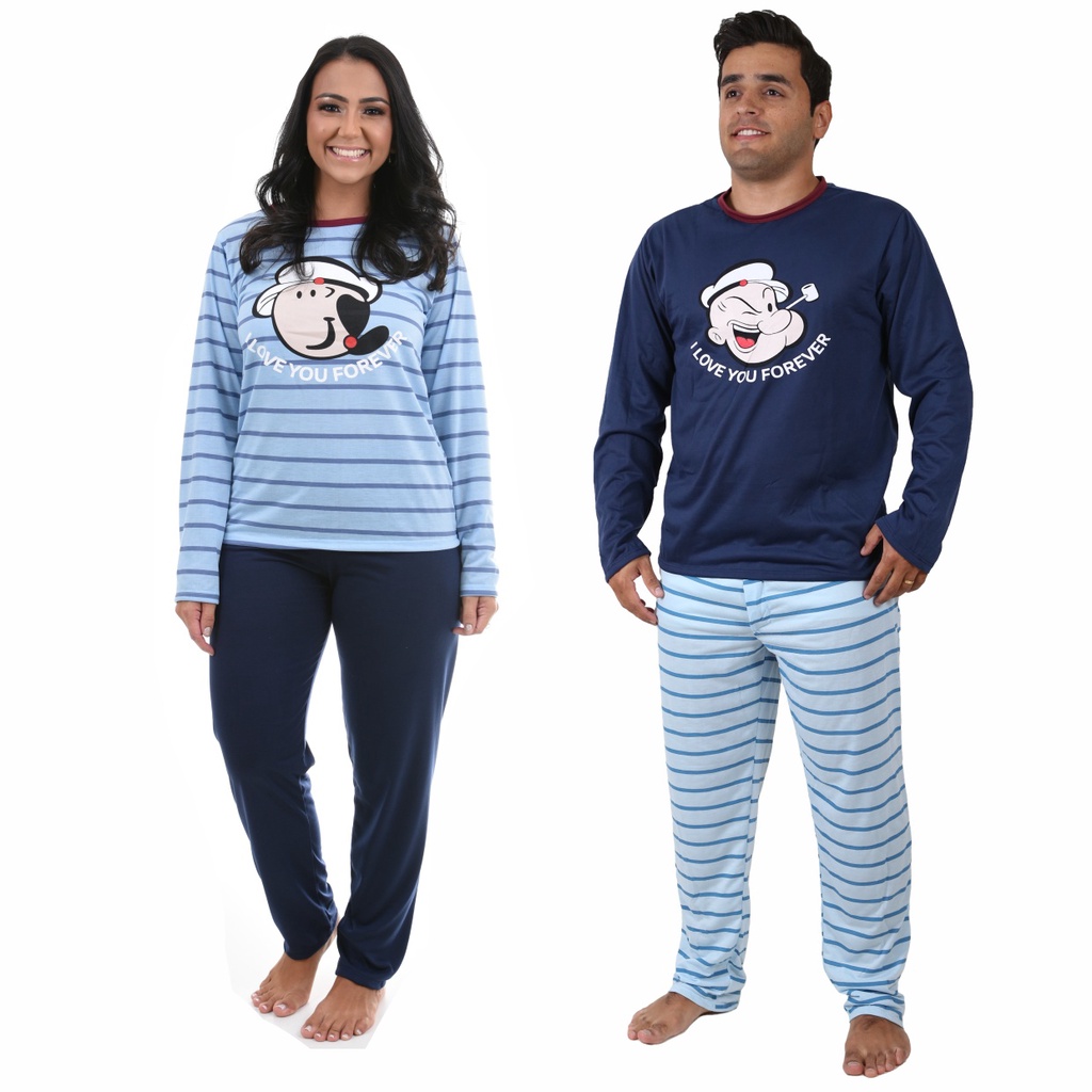 Kit Casal Pijama Longo Inverno Popeye Popay Popai Azul