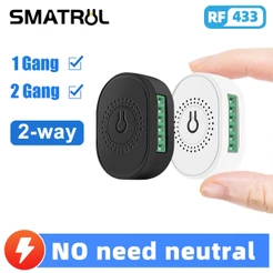 SMATRUL No Fio Neutro 1/2 Gang 2 Maneira RF 433 Mhz Interruptor De Luz Mini Módulo Inteligente Sem Em Casa De Controle Elétrico Parede Off Br