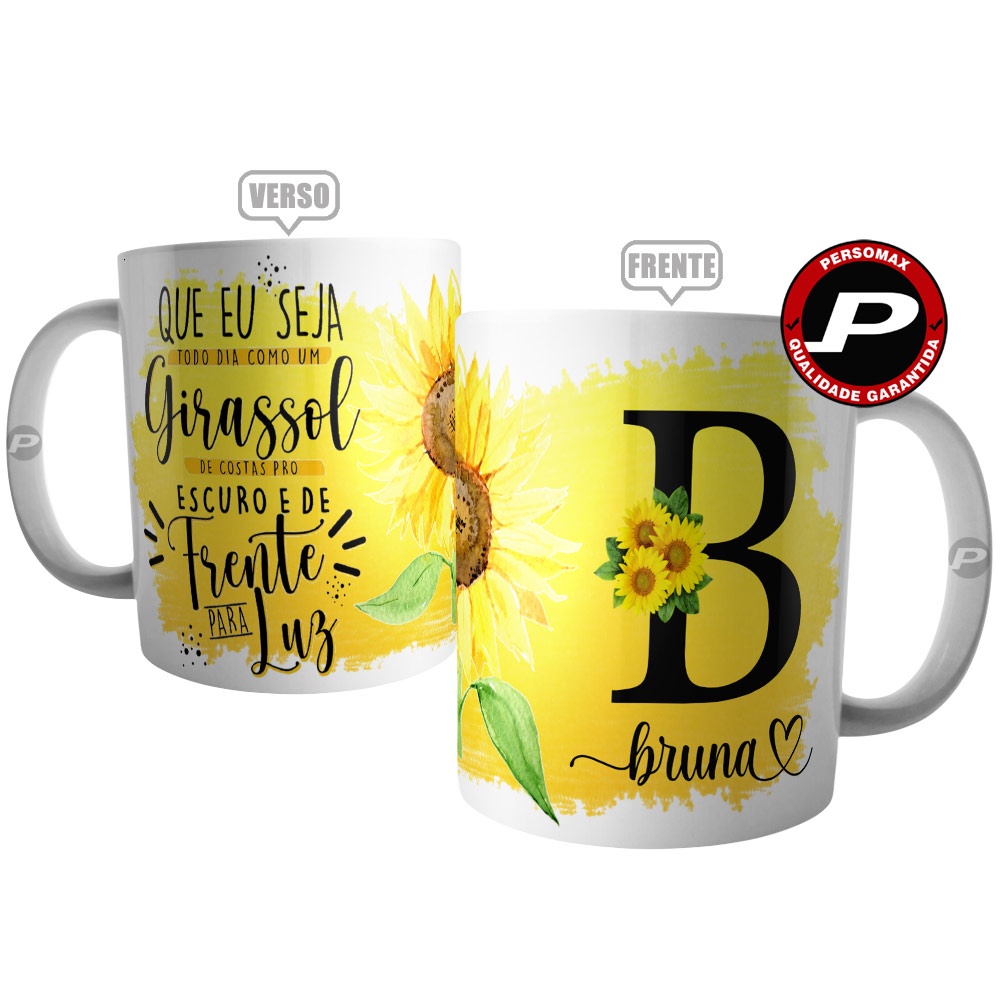Caneca Girassol Personalizada com seu Nome e Inicial -  Xícara Flor e Frase Personalizada Presente Criativo e Exclusivo para Amiga