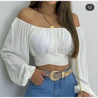 Croped manga longa Costa aberta ombro ombro tendência em Oferta na Shopee