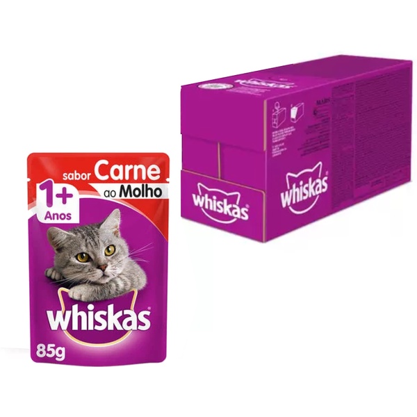 Caixa 20un Ração Úmida Whiskas Sachê Gatos Adultos Carne Ao Molho 85g em Oferta na Shopee