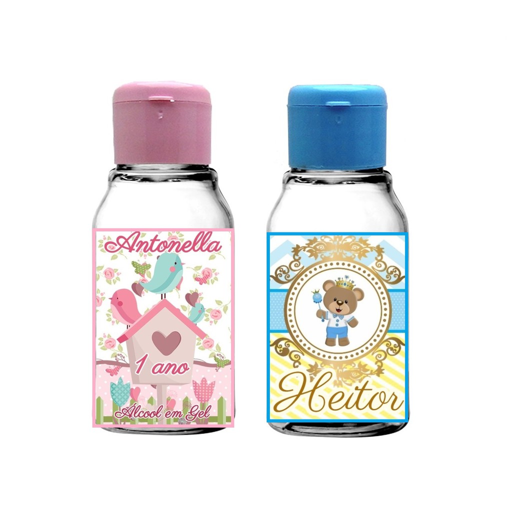 15 Lembrancinhas Álcool em Gel Personalizado Tampas Azul, Rosa ou Brancas Chá de Bebê Casamento e muito mais