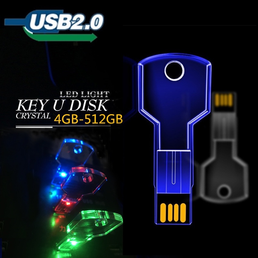 Pendrive com formato de chave à prova d'água com luz LED USB 2.0 U Stick 4GB 8GB 16GB 32GB 64GB 128GB 256GB 512GB