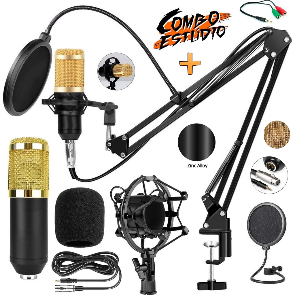 Kit Estúdio Completo Microfone Condensador Profissional Pop Filter Suporte de Mesa Podcast Canto Gravação Entrevista