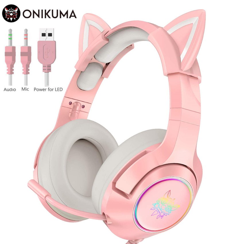 ONIKUMA K9/X11 Headset Gamer Rosa PC/Fone De Ouvido De Gato Menina RGB Gaming Com Microfone Para Celular PS4/Laptop + ST-2 Suporte