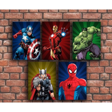 Kit Quadros Decorativos Mosaico Super Heróis Desenho Avengers Vingadores Capitão America Homem Aranha Hulck Thor Homem de Ferro