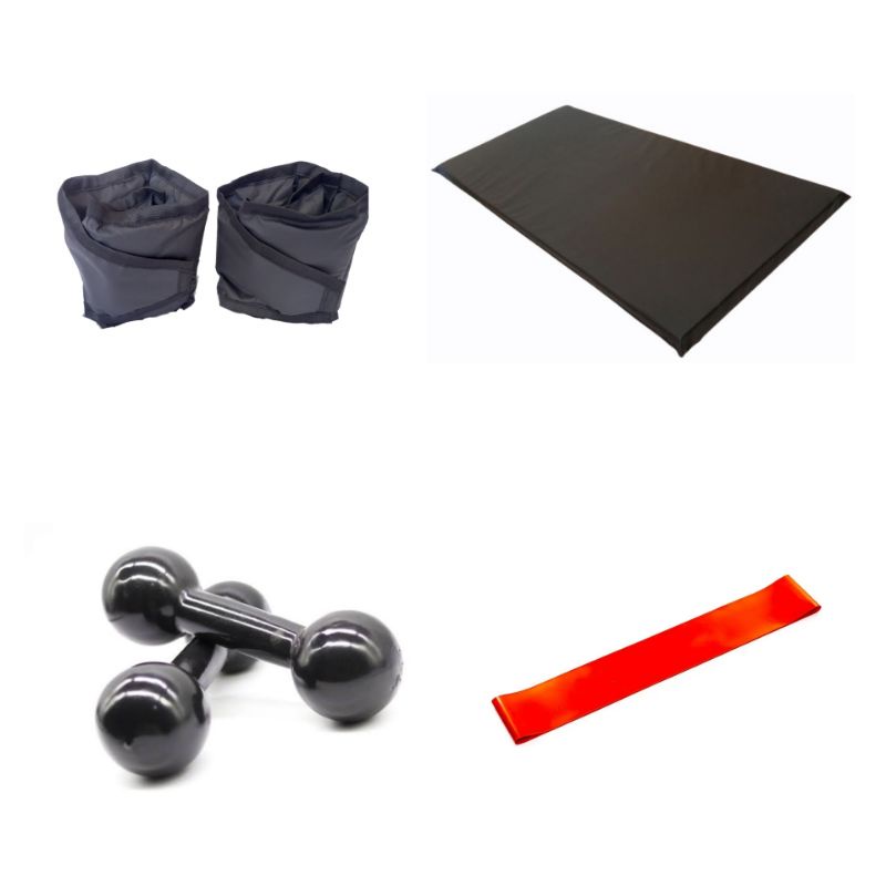 Kit Musculação Completo Halter Emborrachado 2kg + Tornozeleira 2kg + Colchonete + Theraband Brinde