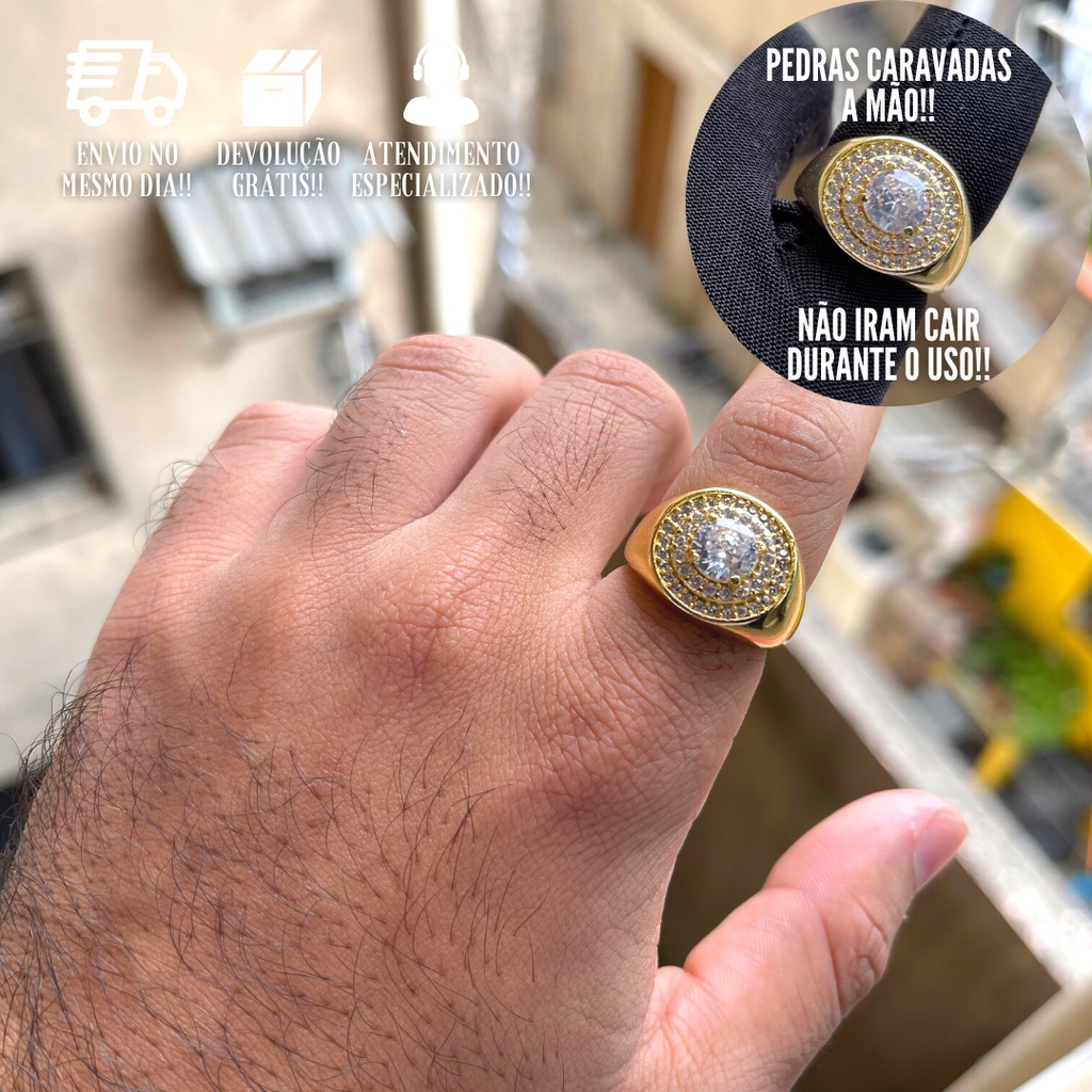 Anel Masculino De Ouro C/ Pedras Brilhantes Banhado a Ouro 24k Dedeira Cravejada Pedras Brancas