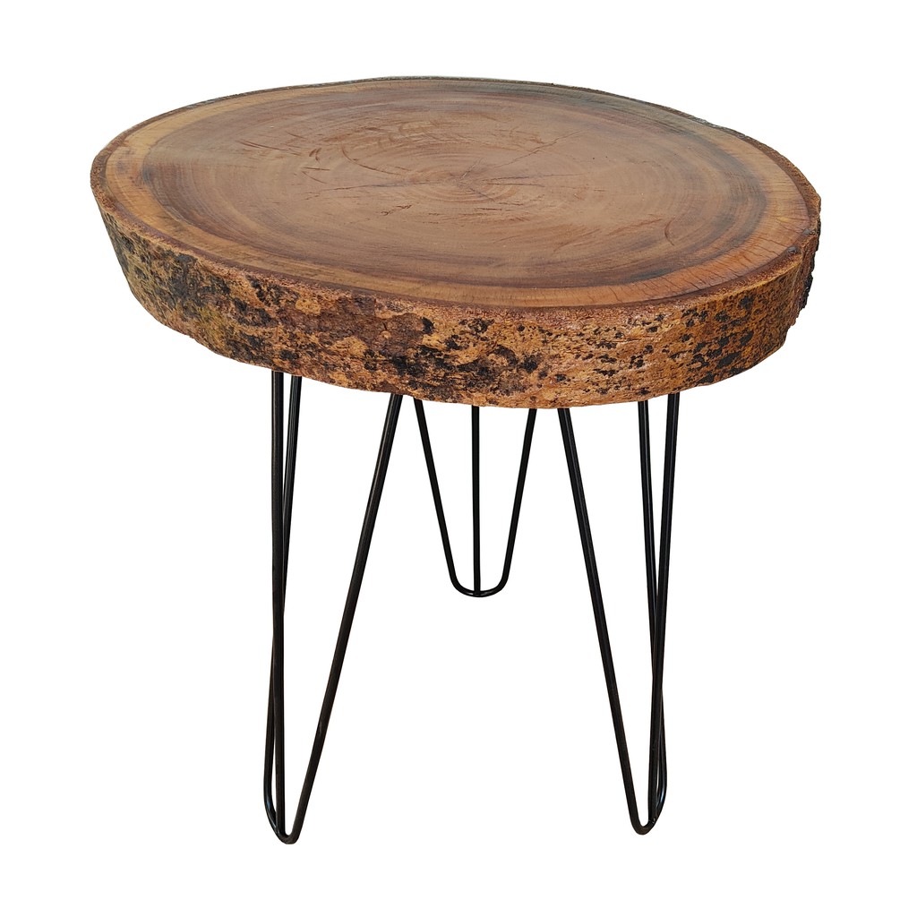 Mesa Mesinha Lateral Canto Centro Rustico Pé Hairpin leg Triplo Tronco Bolacha Tora de Árvore Top