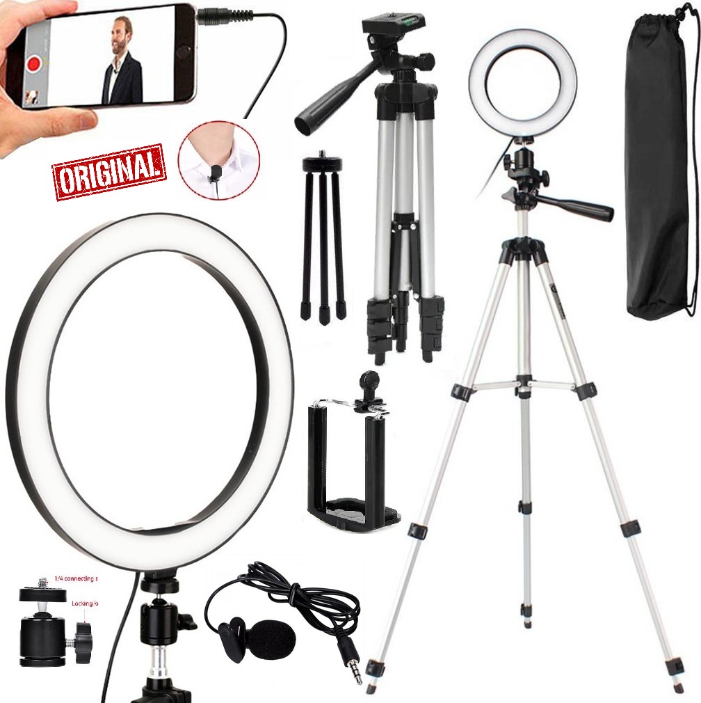 Tripé Profissional Iluminador Led Anel Ring Light + Microfone de Lapela Para Celular Smartphone Universal Iphone Android