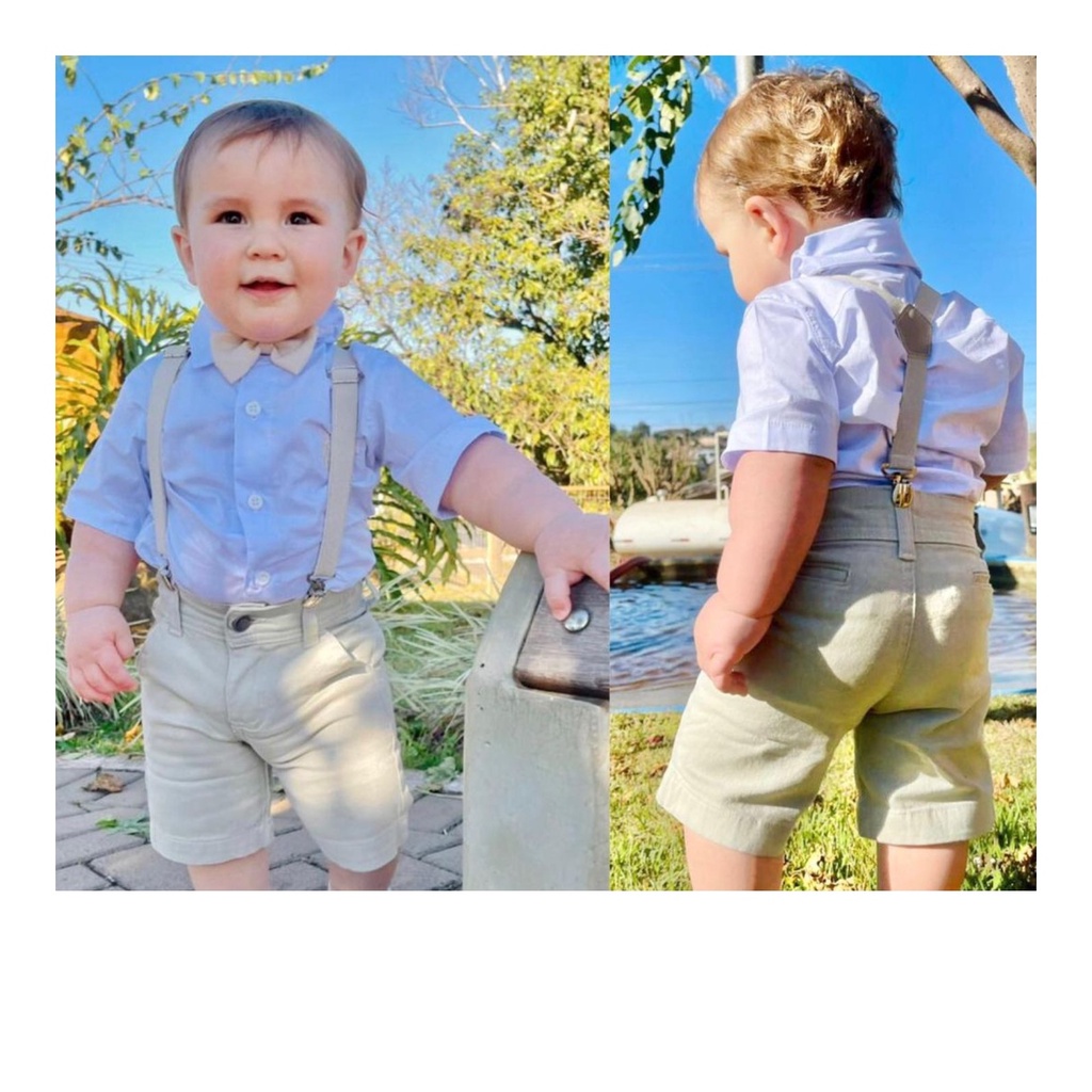 Roupa Menino Infantil Tema Batizado Camisa Manga Curta Branco Bermuda Color Bege Suspensório e Gravata Bege