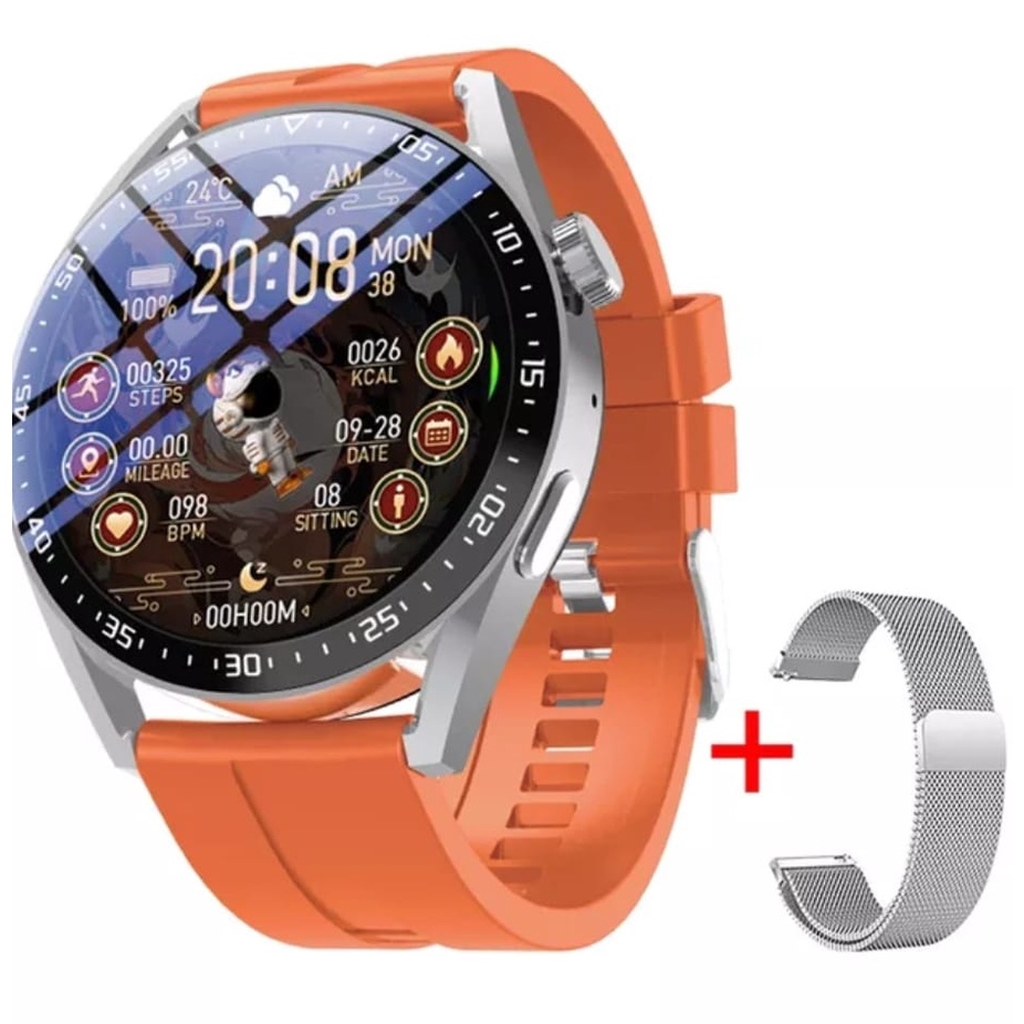 Smartwatch Relógio Lançamento Hw28 Redondo Original Novidade Laranja + Pulseira Milanese Prata