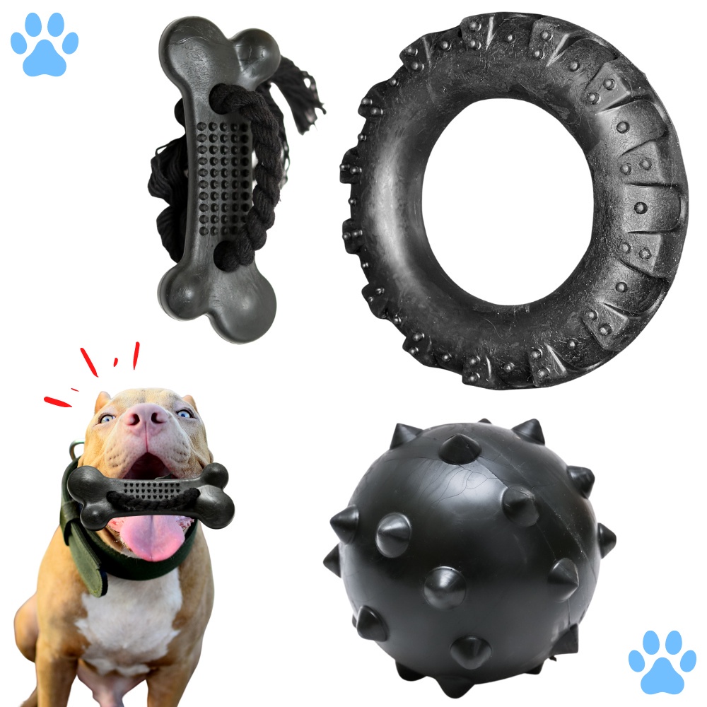 Kit Brinquedo Mordedor para Cachorro Pneu G + Bola Cravo Maciça 85mm + Osso Grande Black com Corda 2D Pet