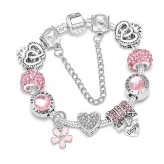Pulseira Prateada Berloques Forever Love Coração Rosa S4058
