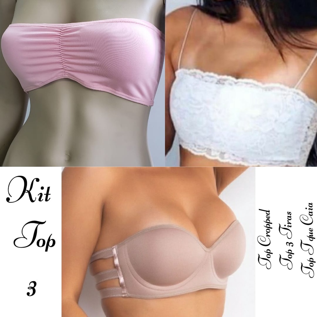 Lingerie 3 Itens :Contem Um Bustier Tomara Que Caia Um Sutiã 3 Tiras e Um Top Cropped Faixa Renda Qualidade Océane
