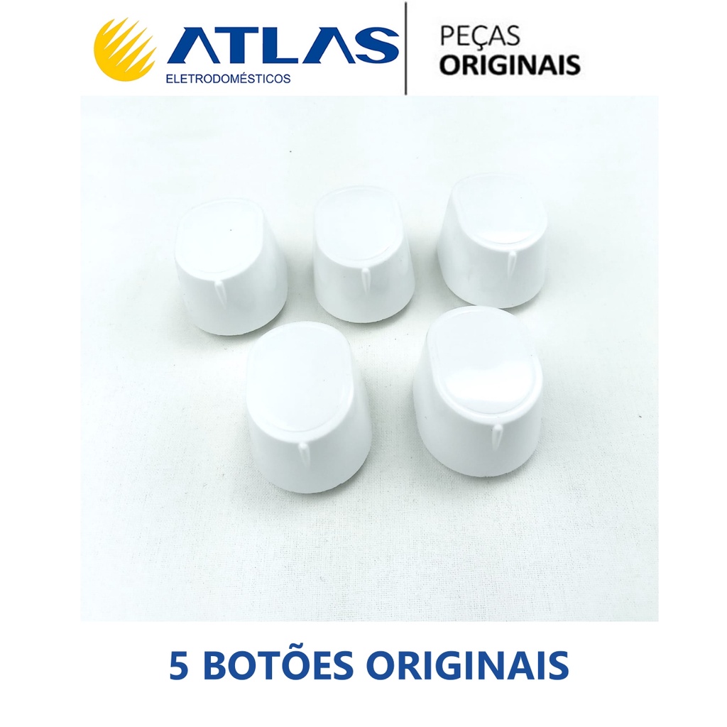 Kit 5 Botões Brancos P/ Fogão Atlas Mônaco Plus 4 Bocas