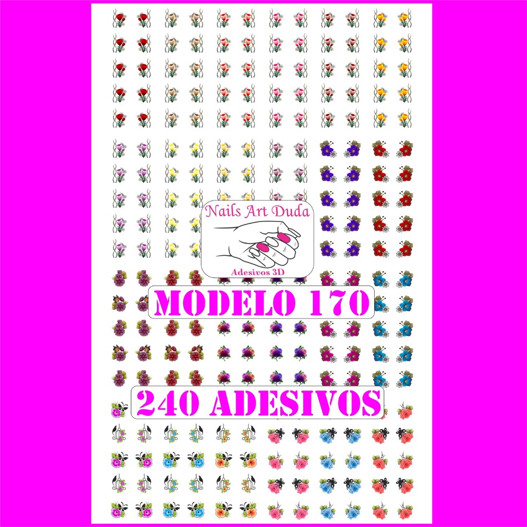 240 adesivos de unha 3D PRÉ PRONTO tulipas passarinho na gaiola (4 cartelas com 60 unidades) - modelo 170