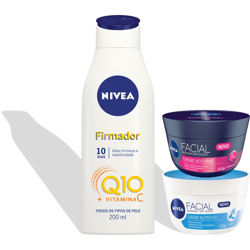 Loção Corporal Hidratante Firmador Q10 200ml Vitamina C + Nivea Creme Facial Nutritivo e Noturno