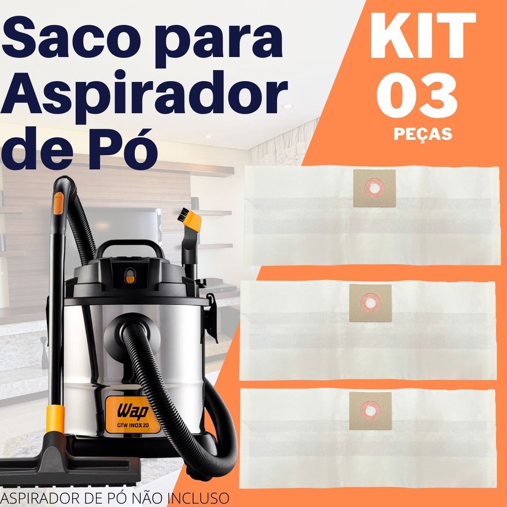 Kit 03 Sacos Para Aspirador De Pó Descartável Wap GTW Inox 20 Refil Compatível Wap