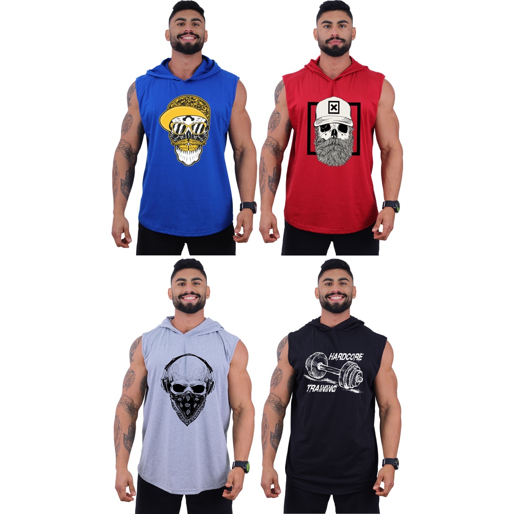 Kit 4 Regatas Longline Machão Com Touca Masculina MXD Conceito Academia Musculação Casual