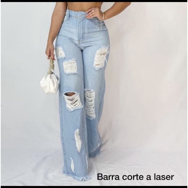 CALÇA WIDE LEG JEANS FEMININO PANTALONA DESTROYD RASGADA MODA
