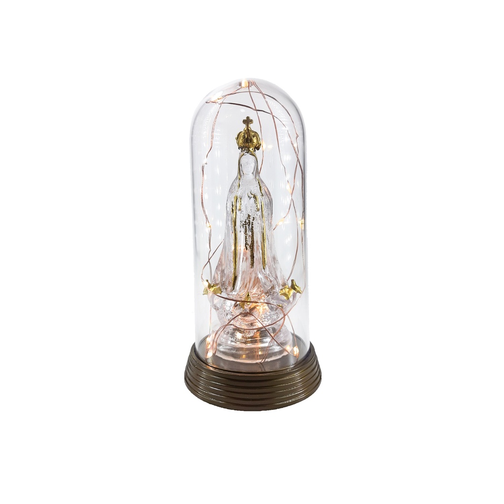 Luminária Imagem Nossa Senhora De Fátima Rosário Redoma e Luzes de LED Branco Quente