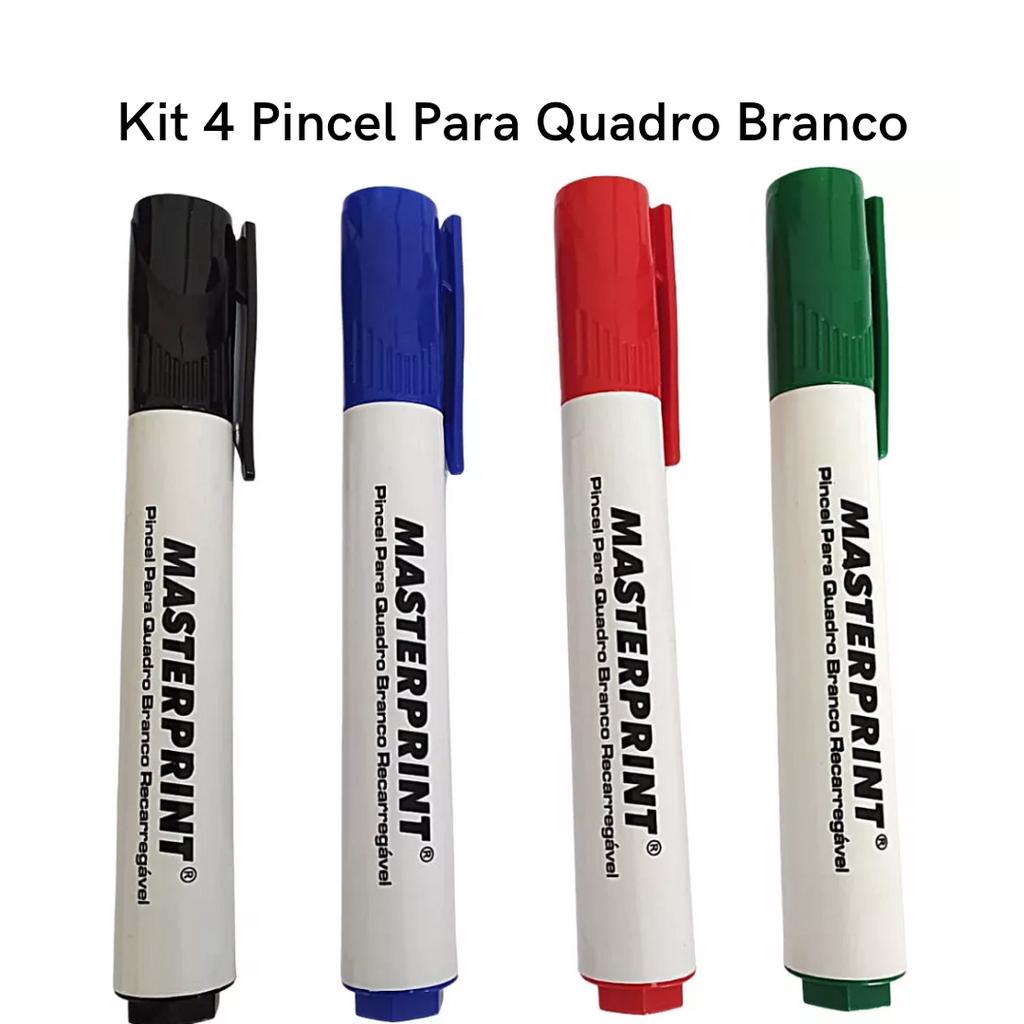 Kit 4 Pincel Quadro Branco Recarregável Diversas Cores Azul Preto Vermelho Verde Masteprin...