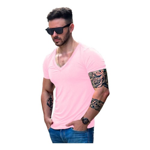 Camisa Masculina Decote Gola V Cavada Slim Viscose Elastano