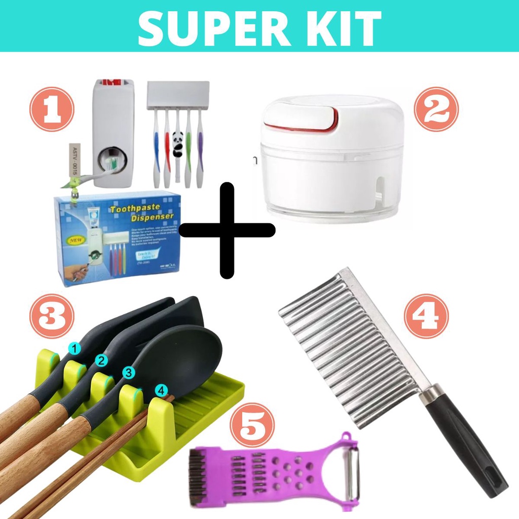 Kit Dispenser Aplicador De Pasta Dente Mini Triturador De Alho Suporte Talher Cortador de Batata