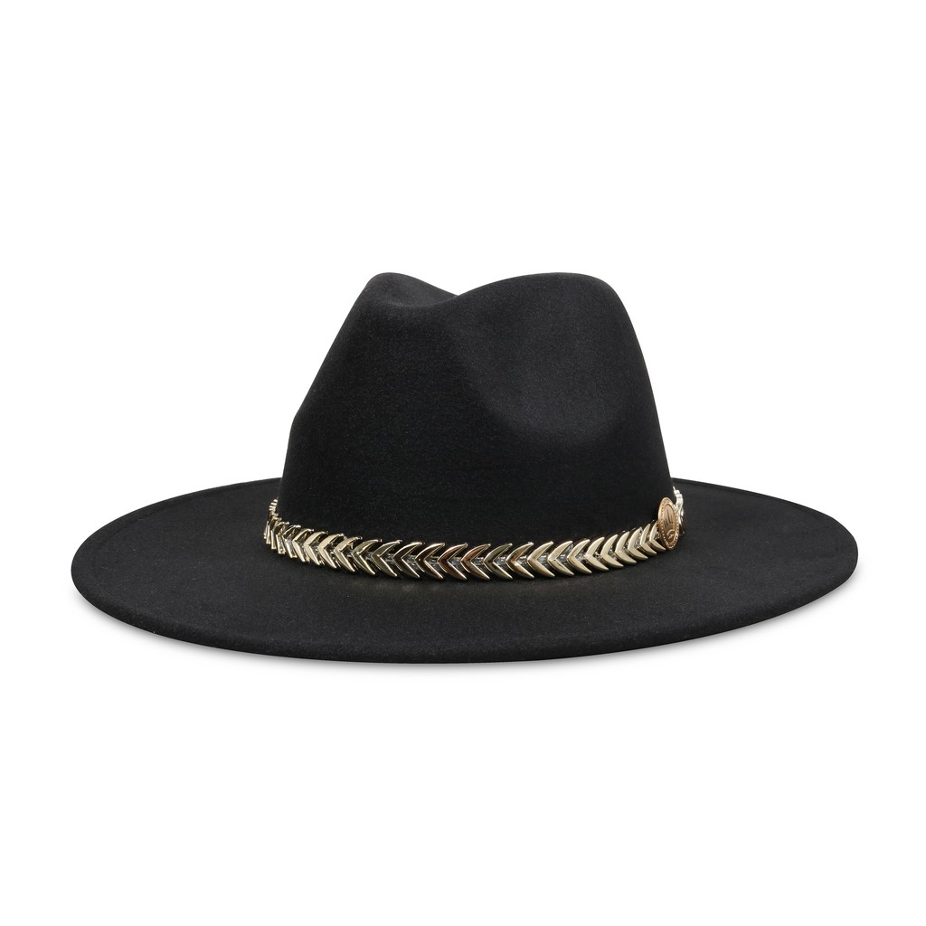 Chapéu Fedora Preto Unissex Aba de 8cm Corrente De Setas Douradas