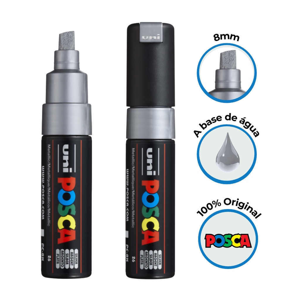 Caneta Posca Pc-8k Ponta Chanfrada 8mm Prata - Uniball
