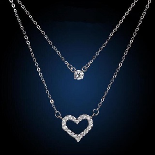 Moda Diamante-Incrustado Prata 925 Sterling Dupla Camada Amor Forma De Coração Temperamento Único Pêssego Clavícula Colar Feminino N035