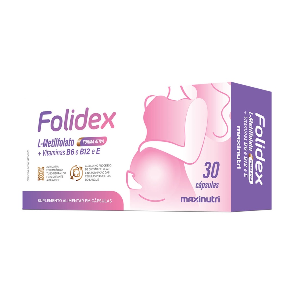 Metilfolato (Folidex) 420mcg + Vit B6, B12 e E 30 Cápsulas - MaxiNutri Metilfolato (Folidex) 420mcg + Vit B6, B12 e E 30 Cápsulas - MaxiNutri