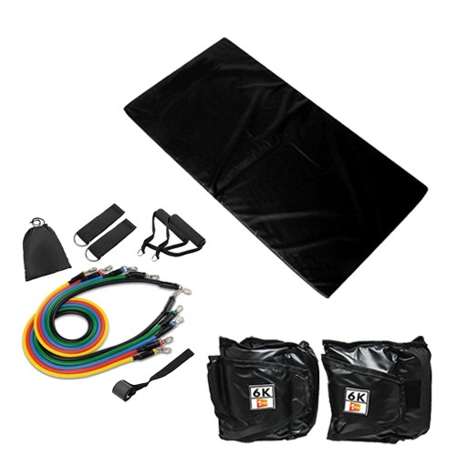 Kit Colchonete Preto + Kit Extensor Elástico 11 Peças Multifuncional Crossbend 1Fit +  Par de Caneleira Tornozeleira De Peso 6kg Profissional