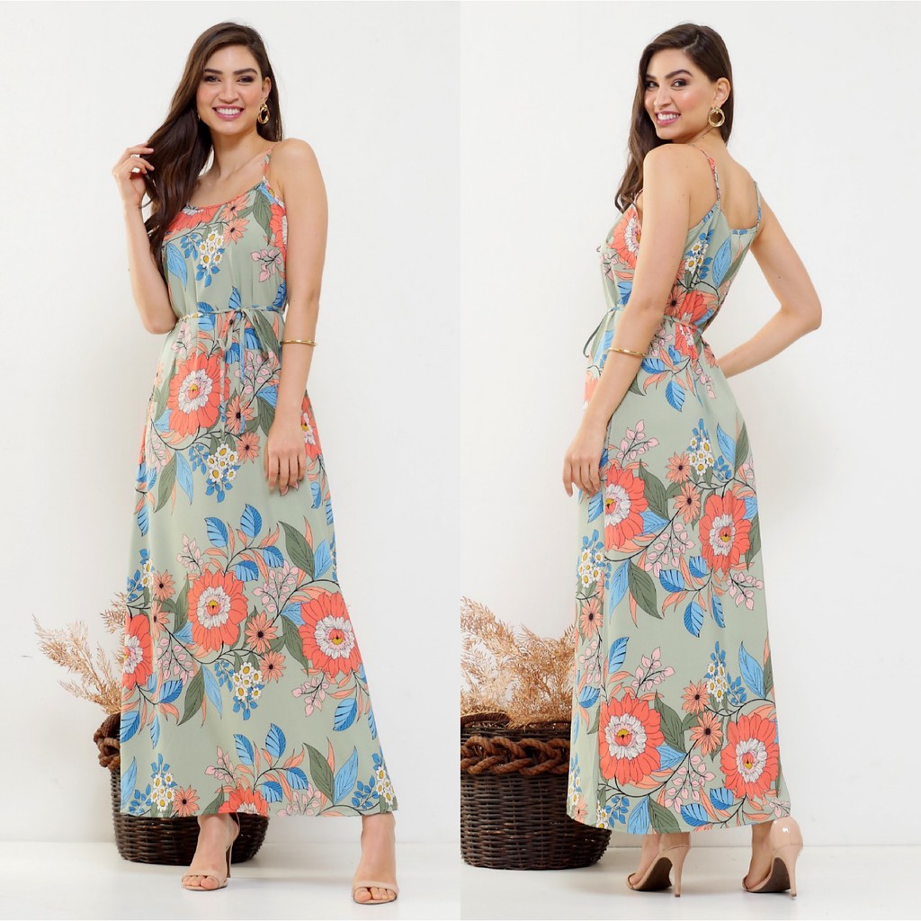 Vestido longo/ Alça ajuste/ Com cinto/ Estampado/ Moda verão REF:YY7006 em Oferta na Shopee